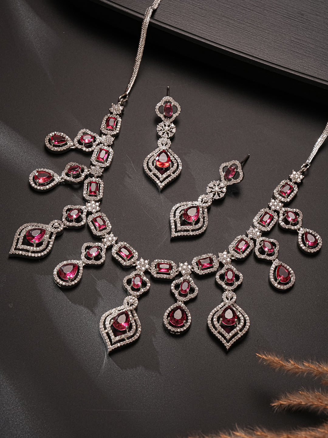 Silver Toned Ruby Red AD Studded Statement Bridal Layered Necklace Jewellery Set